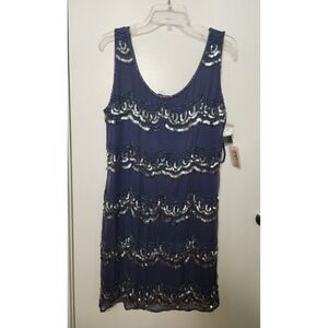 Pisarro Nights Blue Silk Beaded Sequin Sz 10 Sleeveless Side Zip Dress NWT Party